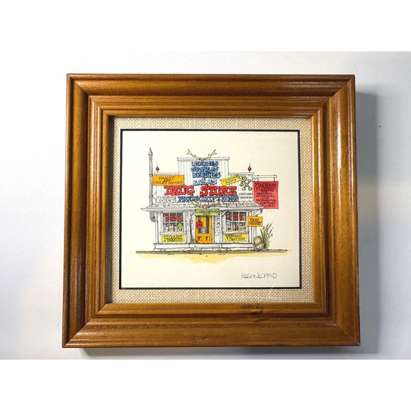 Roger Mason Studios Other - Roger Mason Signed Hand Watercolored Print Drug Store 1990 Framed Art 7x7